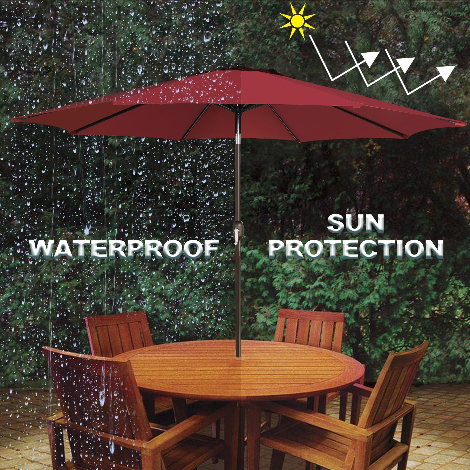 Blissun umbrella over patio table showing coverage for four to six chairs