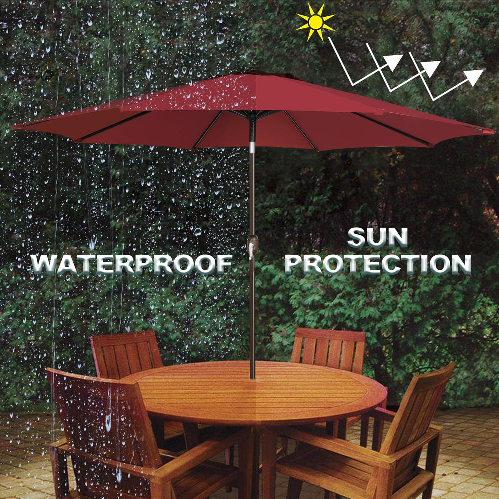 Blissun umbrella over patio table showing coverage for four to six chairs