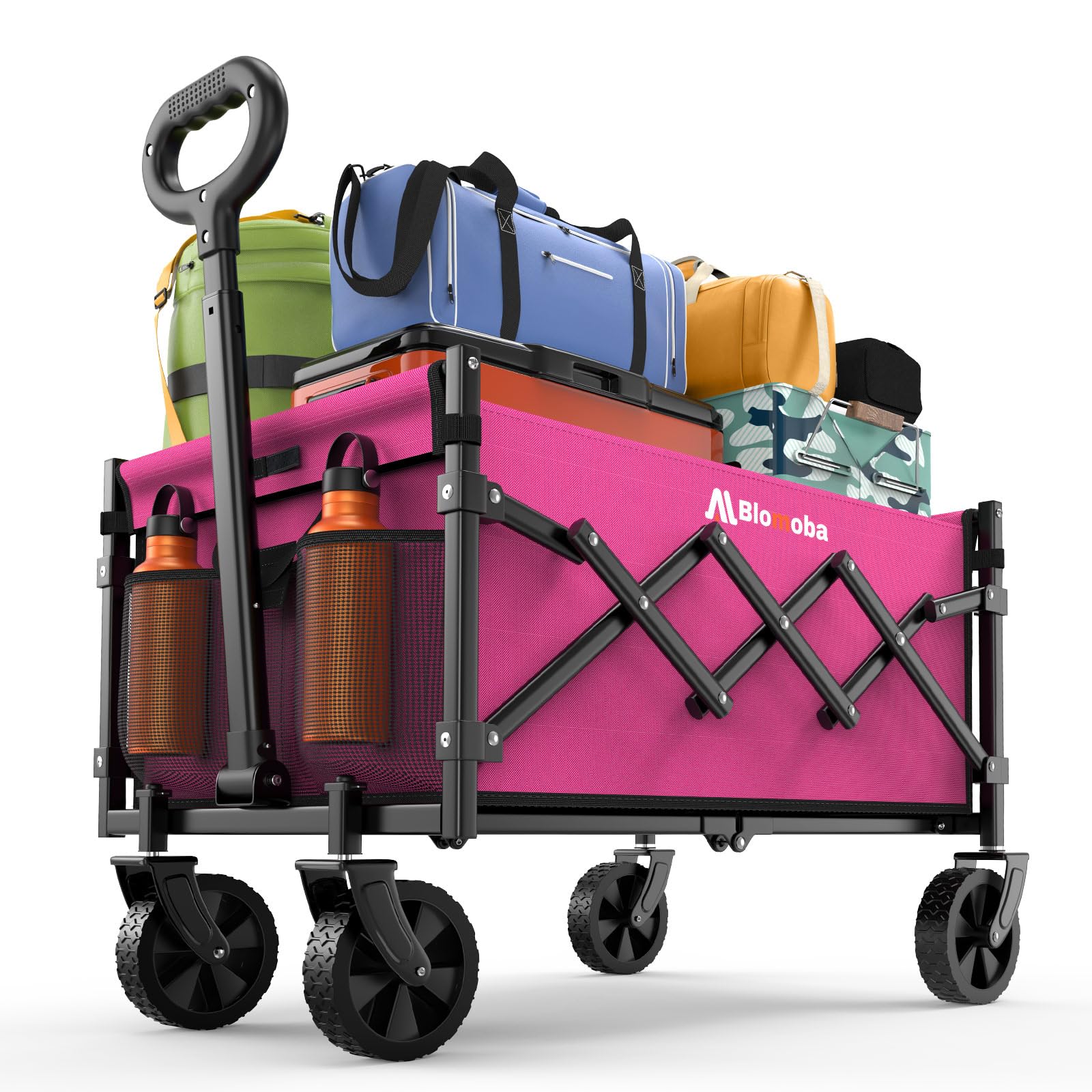 Blomoba front view of pink wagon showing full cargo area and easy access