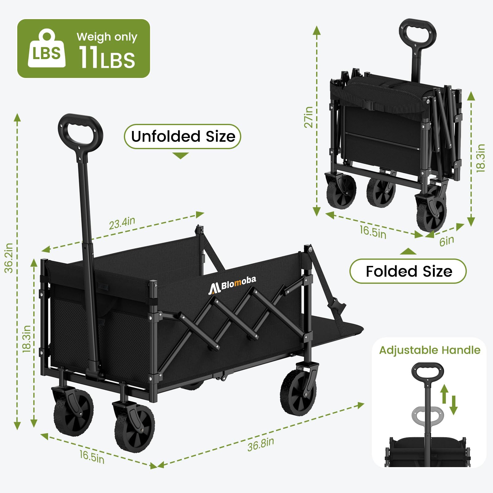 Blomoba adjustable handle and grip for comfortable maneuvering