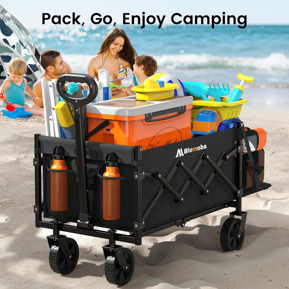 Blomoba lifestyle scene at beach and campsite showing effortless hauling