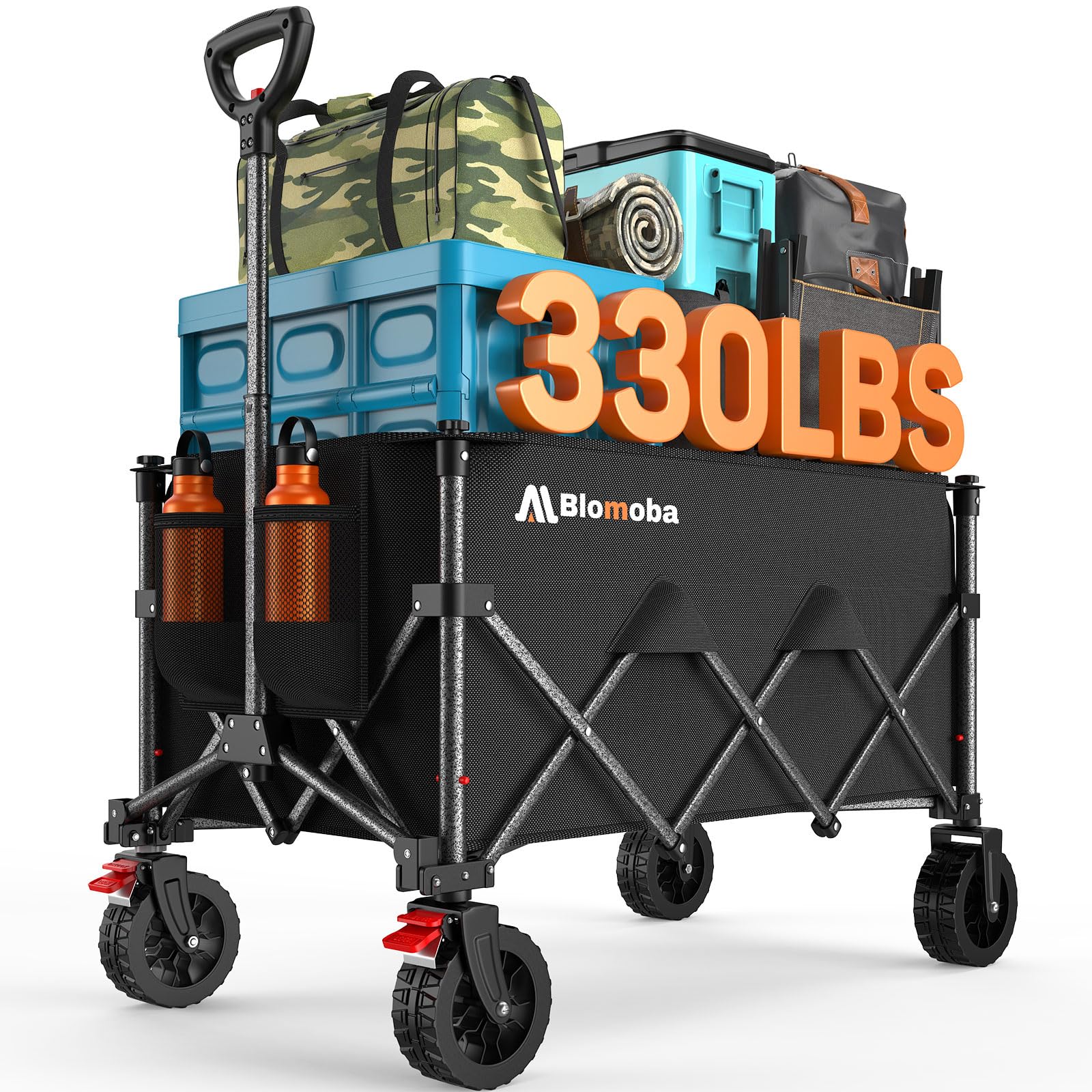 Blomoba wagon front view showing sturdy frame and roomy interior for easy hauling