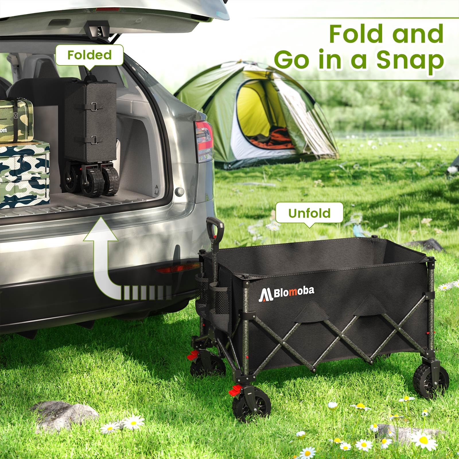 Blomoba wagon loaded with camping gear illustrating high 330 lb capacity convenience