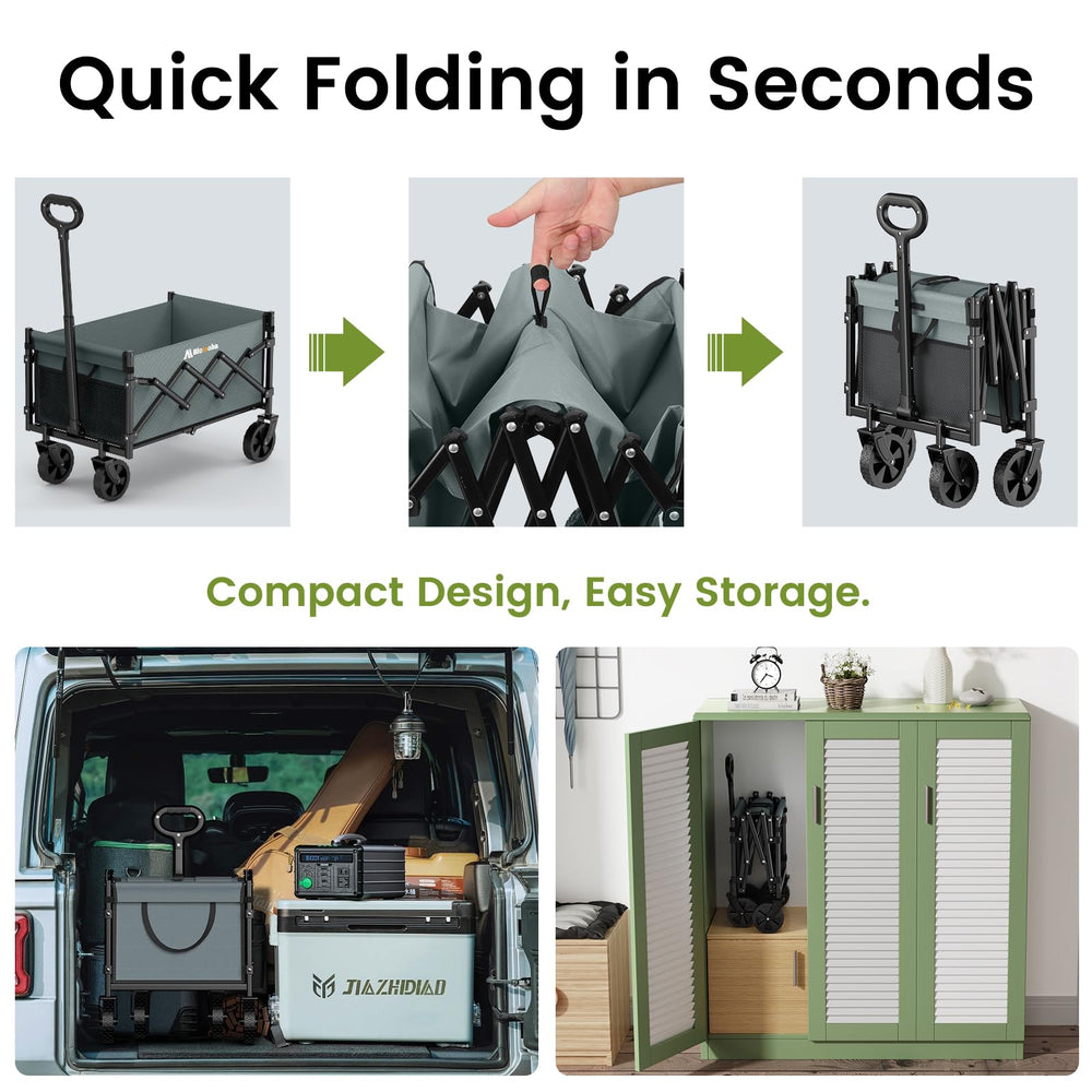 Blomoba folded wagon inside car trunk showing portability benefit