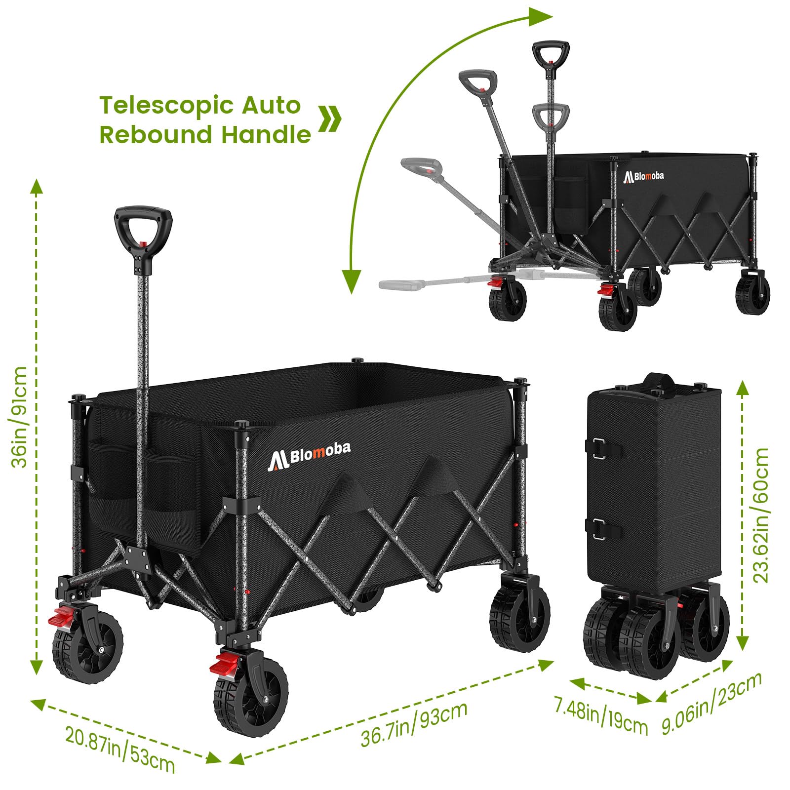 Blomoba wagon fitting in car trunk showing compact folded size for travel storage