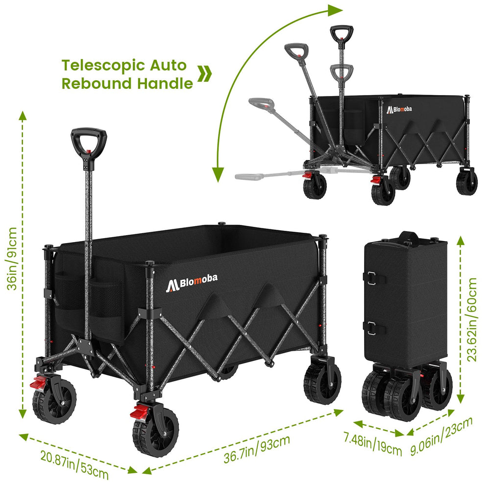 Blomoba wagon fitting in car trunk showing compact folded size for travel storage