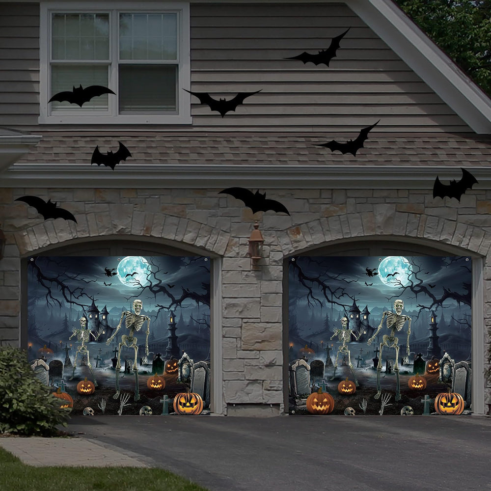 Blosssound backdrop mounted on a garage creating dramatic outdoor Halloween display