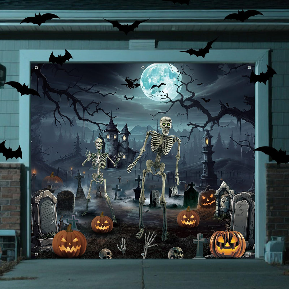 Blosssound front view of full 7x8 ft spooky garage cover showing vibrant scene and curb appeal