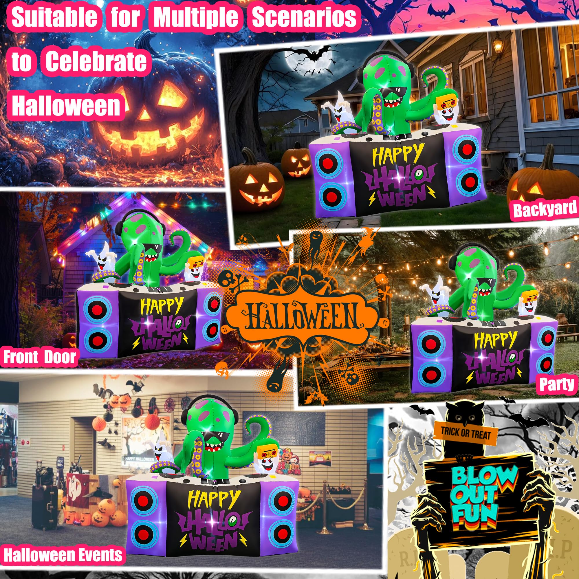 BLOWOUT FUN yard scene with inflatable entertaining trick-or-treaters and neighbors