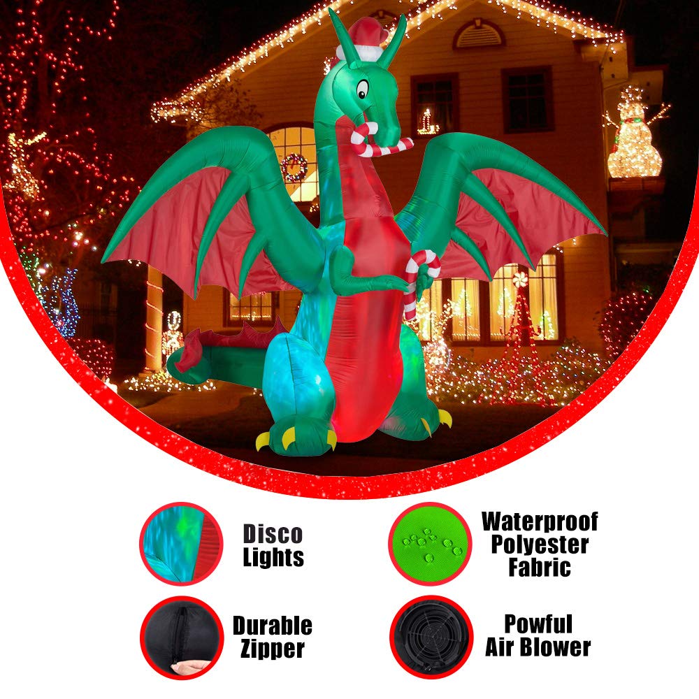 BLOWOUT FUN dragon illuminated at night with disco lights for standout display