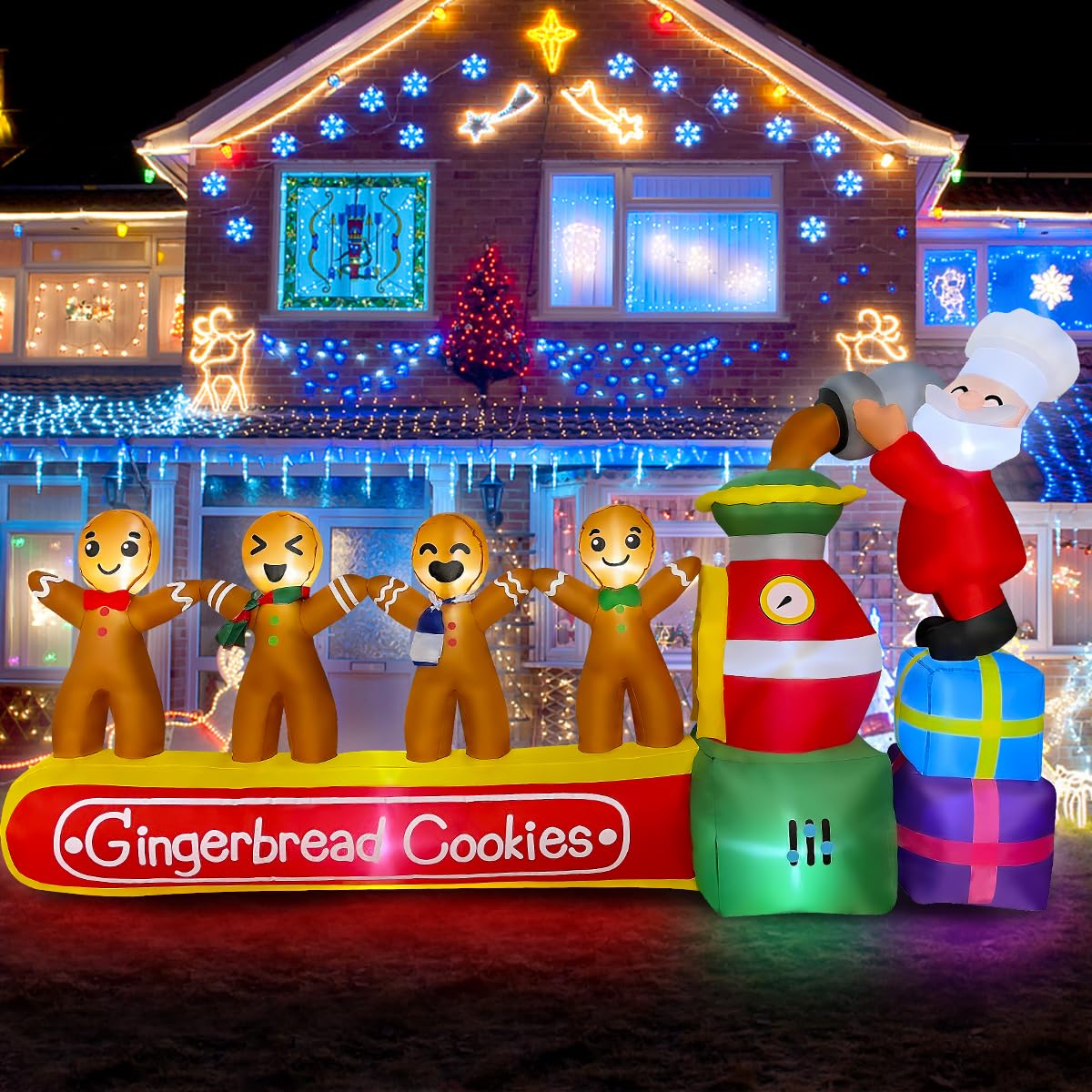BLOWOUT FUN front view of gingerbread machine adding festive curb appeal