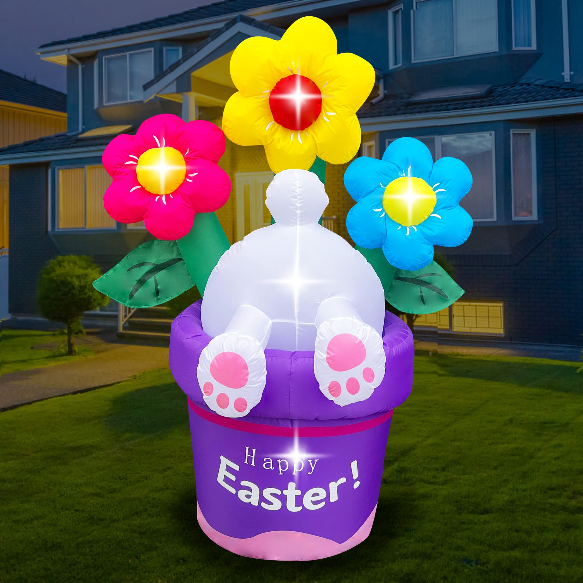 BLOWOUT FUN front view of inflatable rabbit and basket showing festive curb appeal