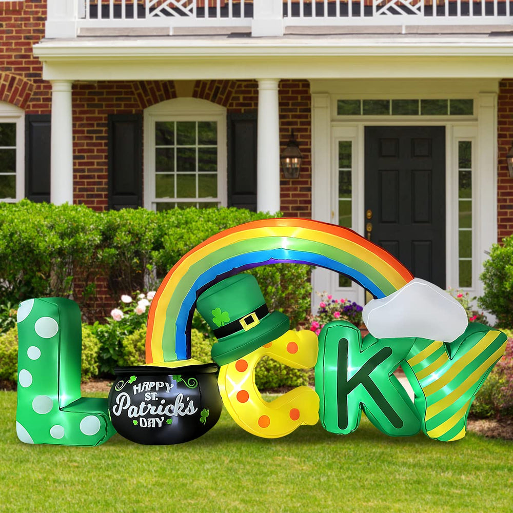 BLOWOUT FUN front view of LUCKY letters inflatable offering bold St. Patrick's Day curb appeal