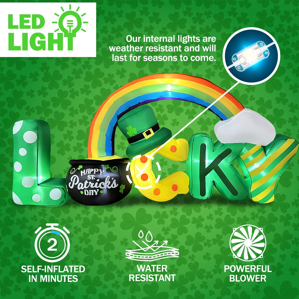 BLOWOUT FUN illuminated inflatable at night creating bright visible yard decoration
