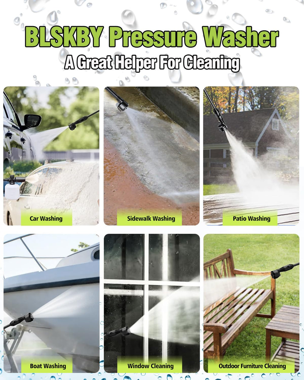 BLSKBY handheld pressure washer cleaning a car demonstrating 1200 PSI power for effective exterior washing