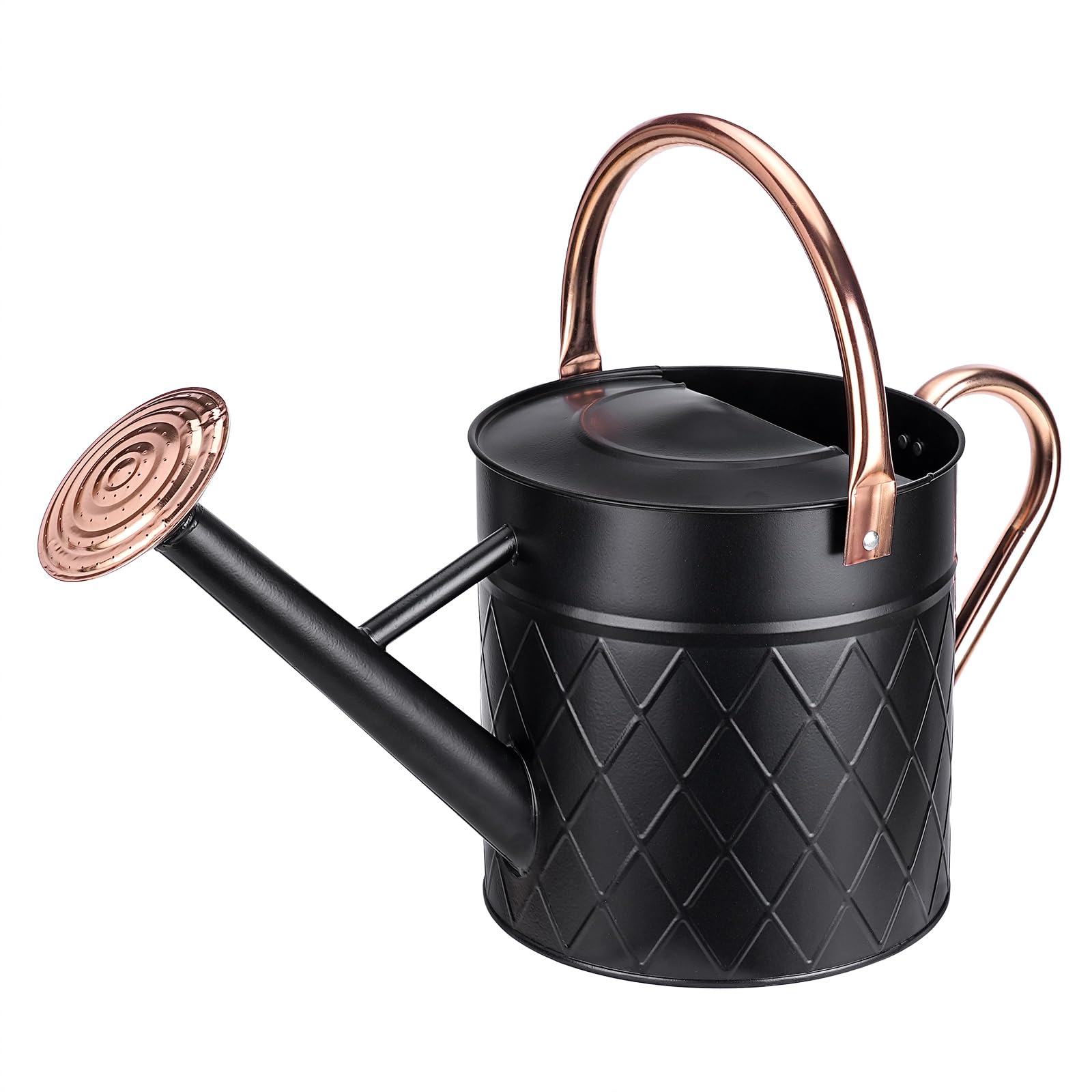 BLstyle front view black watering can showing vintage zinc finish and shape benefit: stylish practicality