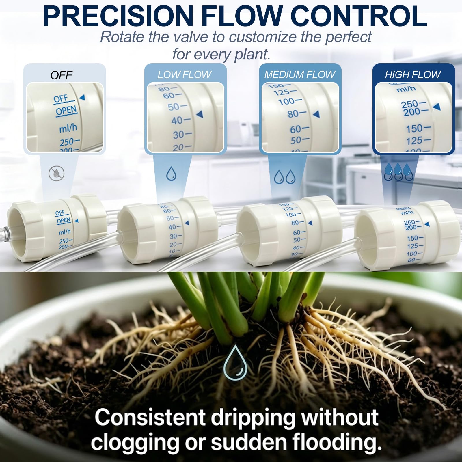 BLUASPAY adjustable valve detail showing precise flow control for various plant needs