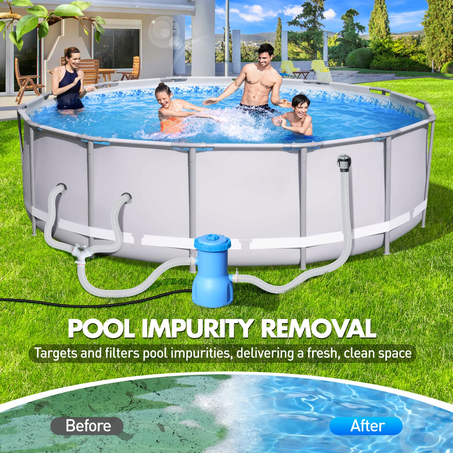 BluClear pump hooked to above-ground pool showing safe, efficient water flow