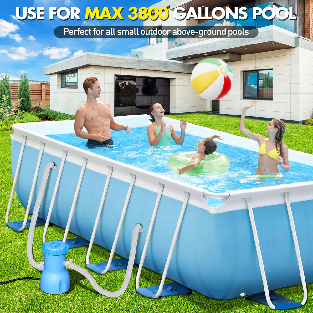 BluClear pump by sunlit pool lifestyle scene showing clearer, inviting water