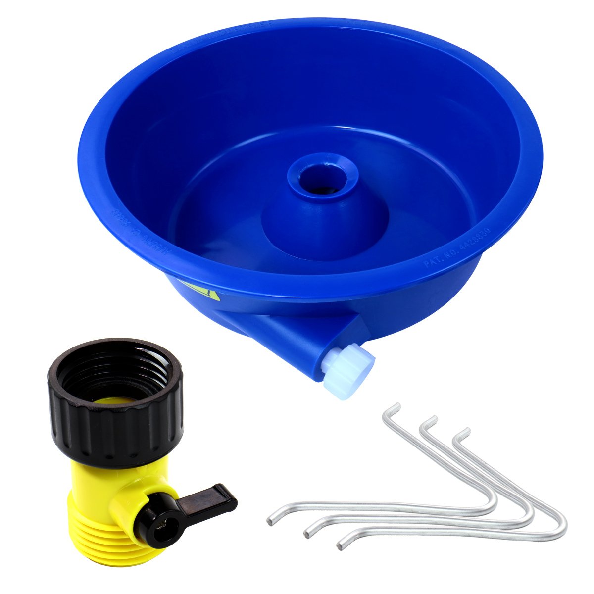 Kit layout with pump, hose, leg levelers and vial, Blue Bowl kit readies fast gold display