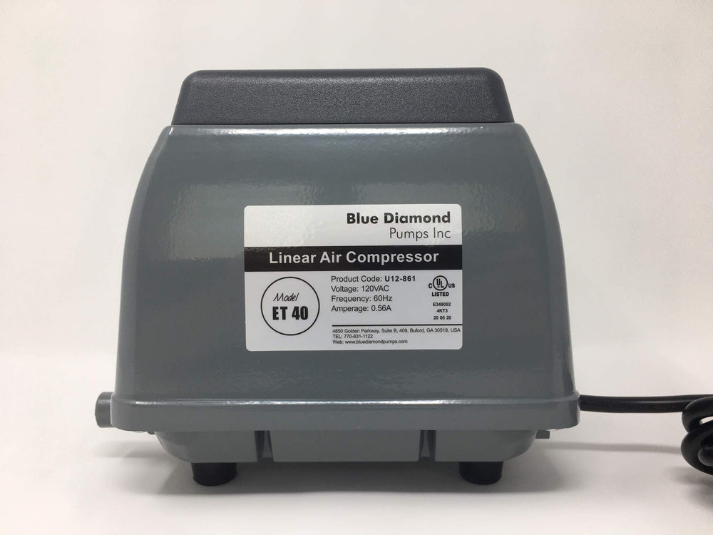 Blue Diamond Pumps ET40 front view showing compact weatherproof housing and quiet operation benefit