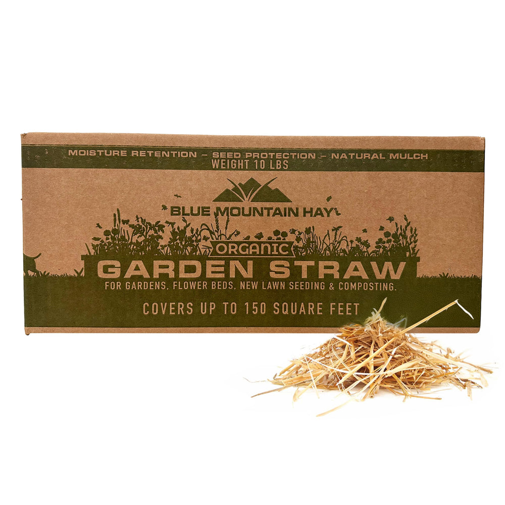 Blue Mountain Hay front packaging showing 10 lb organic straw for easy storage and use