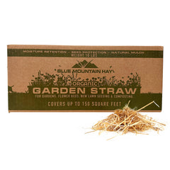 Blue Mountain Hay front packaging showing 10 lb organic straw for easy storage and use