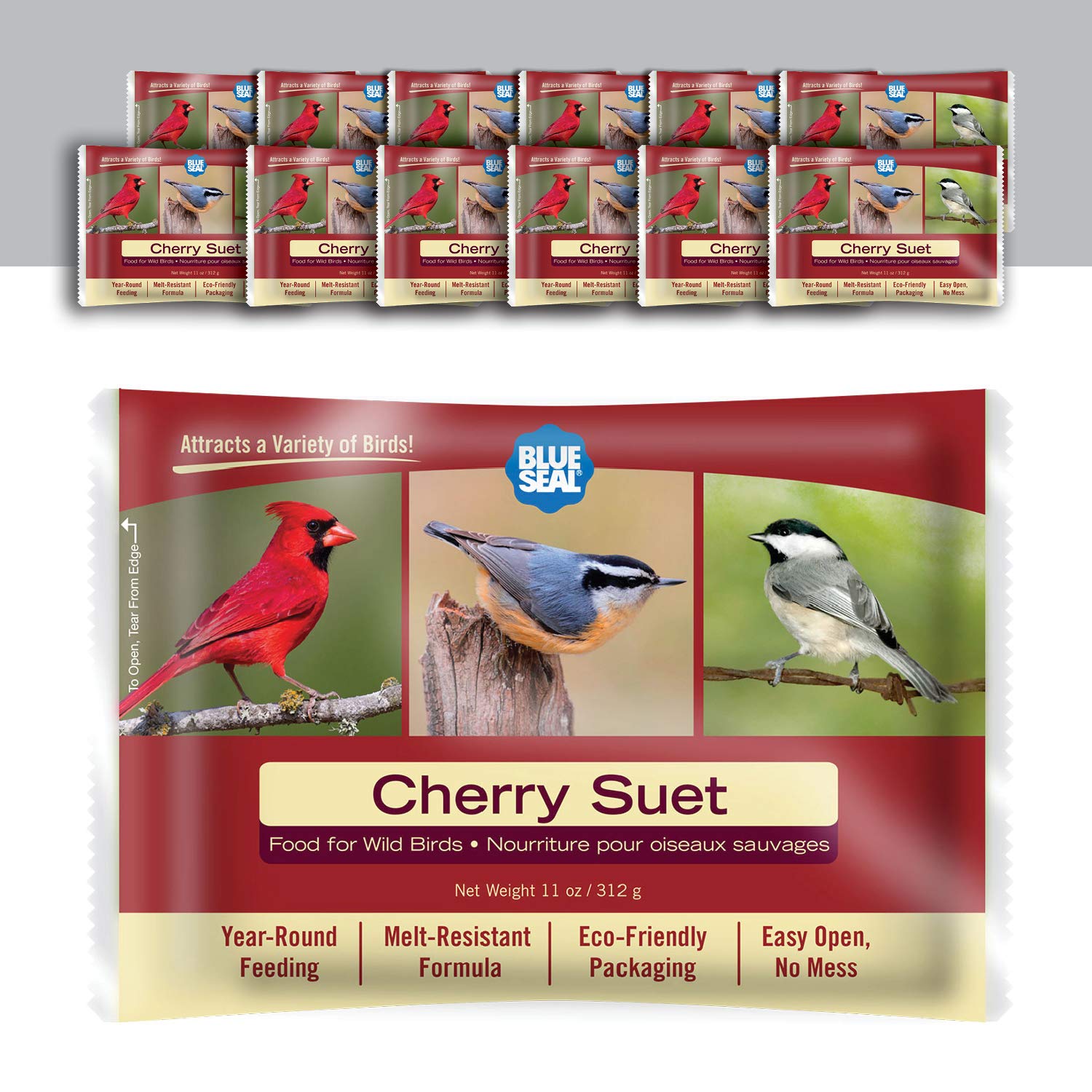 Blue Seal front packaging showing cherry suet cake and benefits