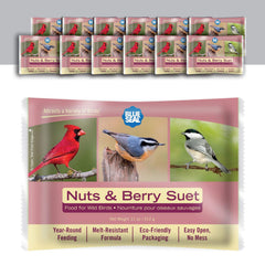 Blue Seal front packaging showing nuts and berry suet cakes attracting birds