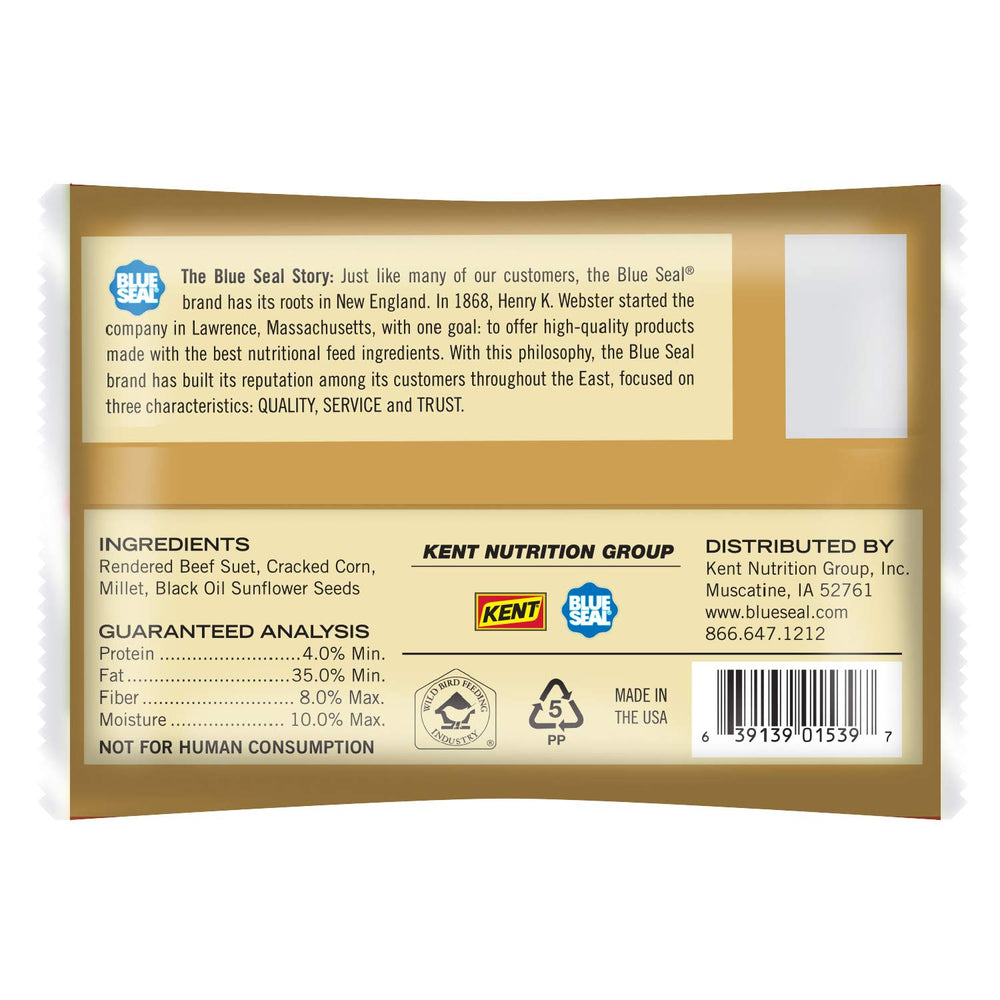 Blue Seal close-up of sunflower suet texture highlighting melt-resistant formula and bird-friendly pieces
