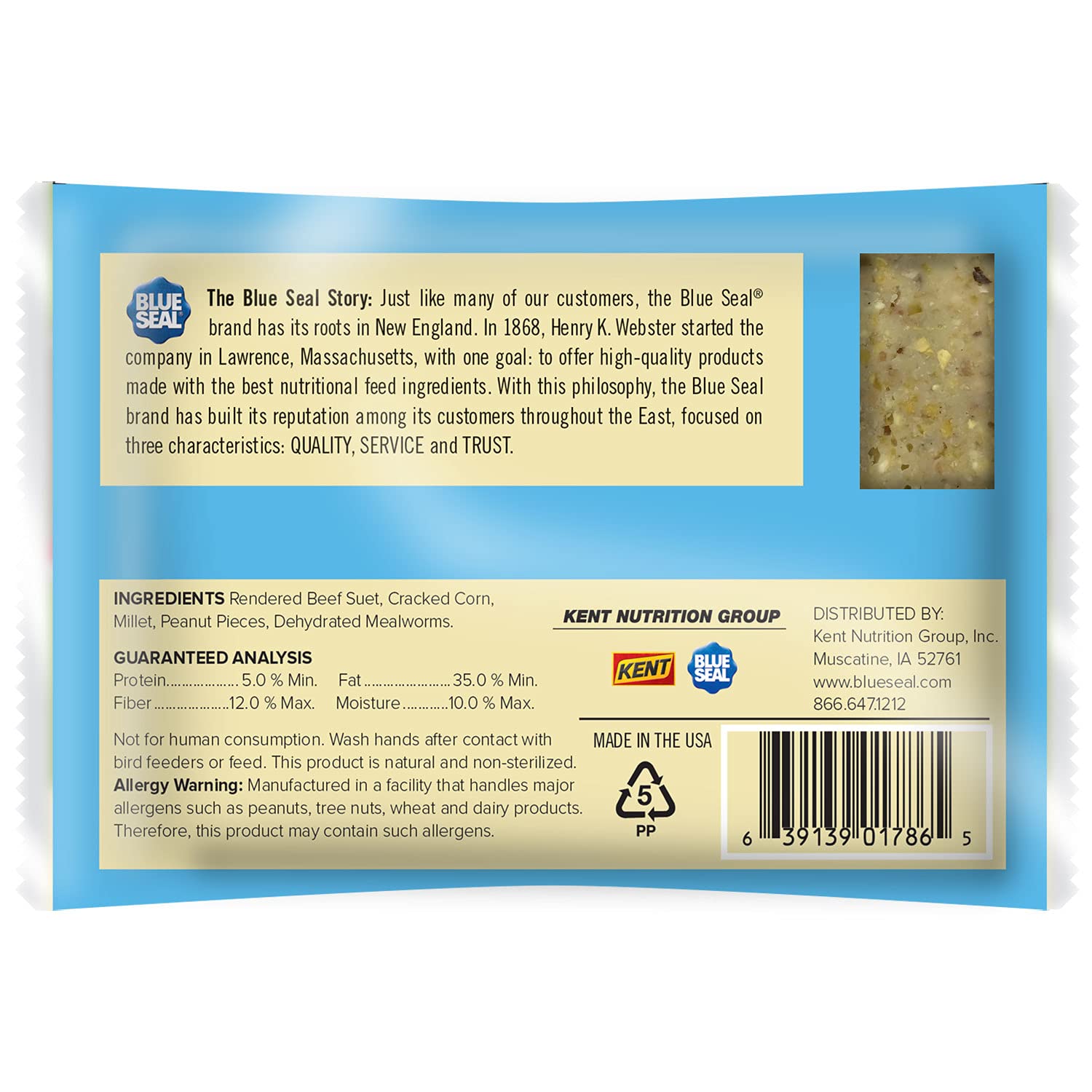 Blue Seal close-up of suet cake texture highlighting mealworms and nuts