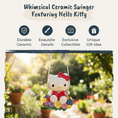 Blue Sky Clayworks Hello Kitty displayed on a swing among plants showing garden focal point