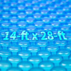 Blue Wave front view of 14x28 solar cover showing product and sizing benefit