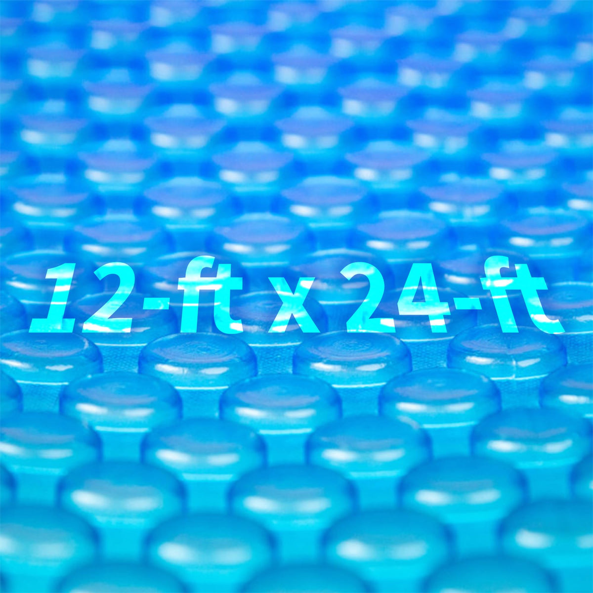 Blue Wave front view of 12x24-ft blue solar blanket showing full pool coverage and warmth retention