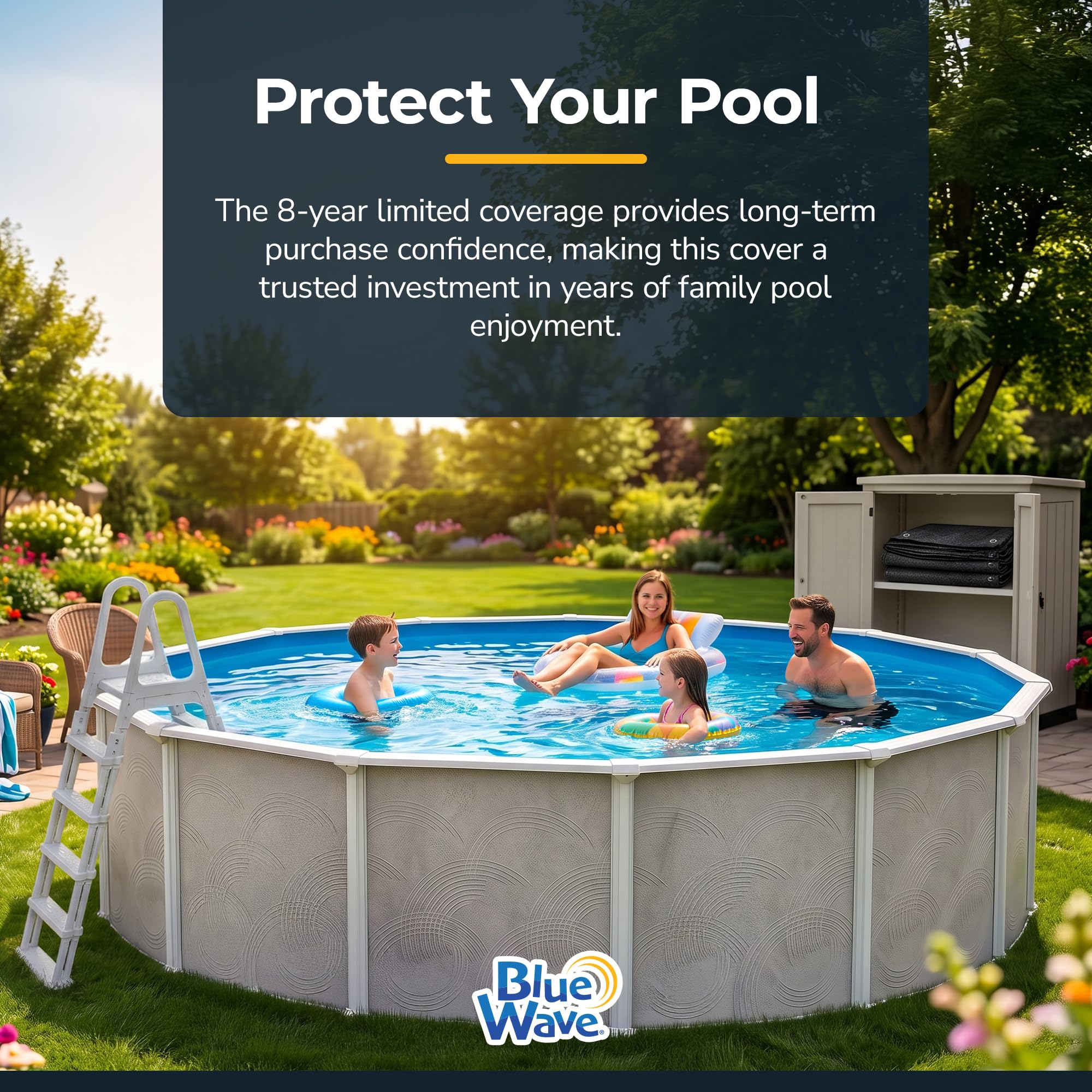 Blue Wave backyard lifestyle view showing covered pool and tidy yard benefit