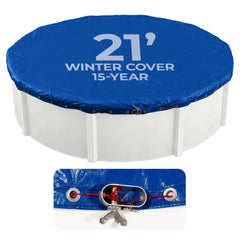 Blue Wave front view of full winter cover protecting pool, reduces spring cleaning