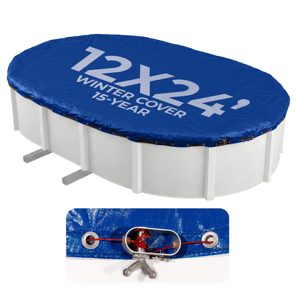 Blue Wave front view of full 12x24-ft cover showing complete protection