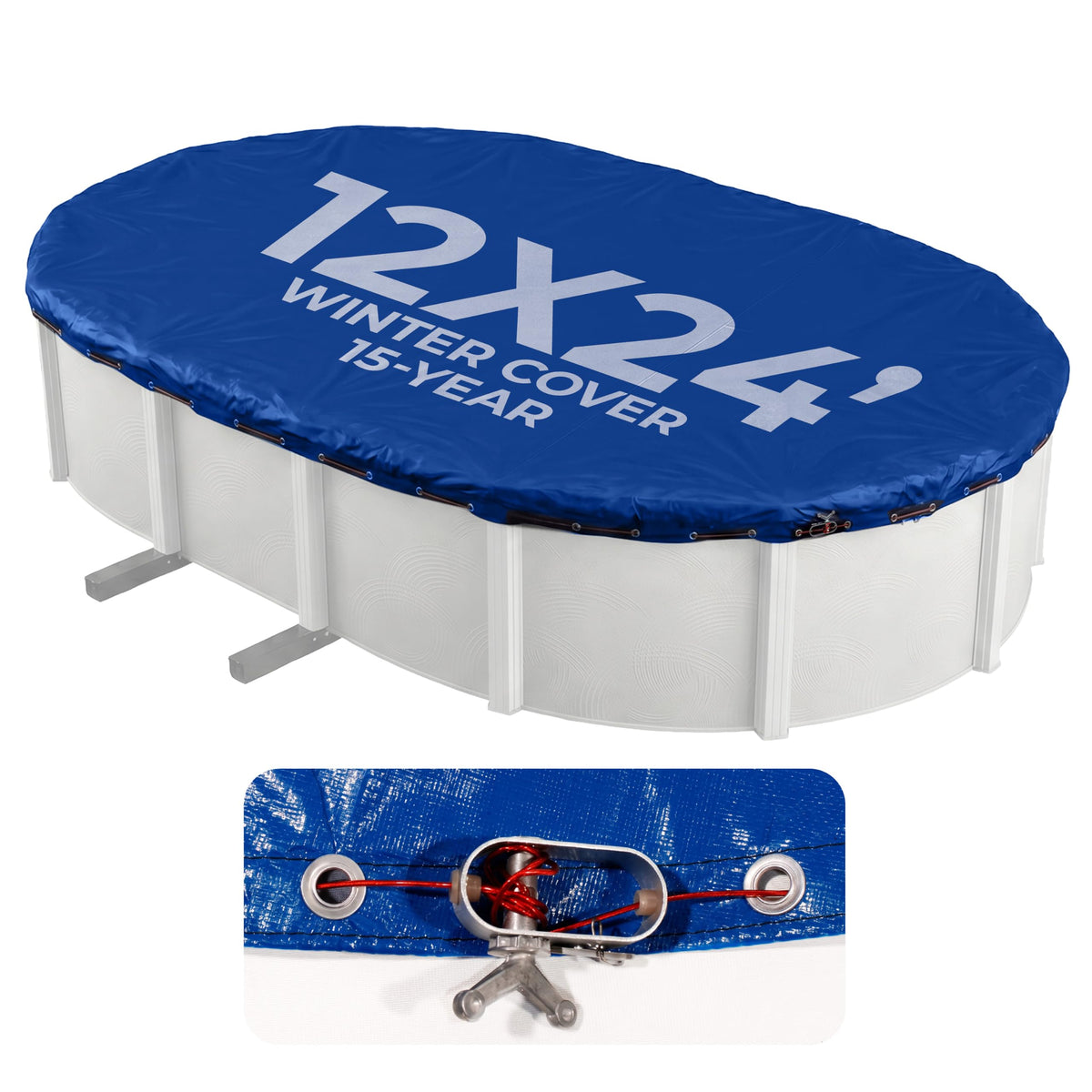 Blue Wave front view of full 12x24-ft cover showing complete protection