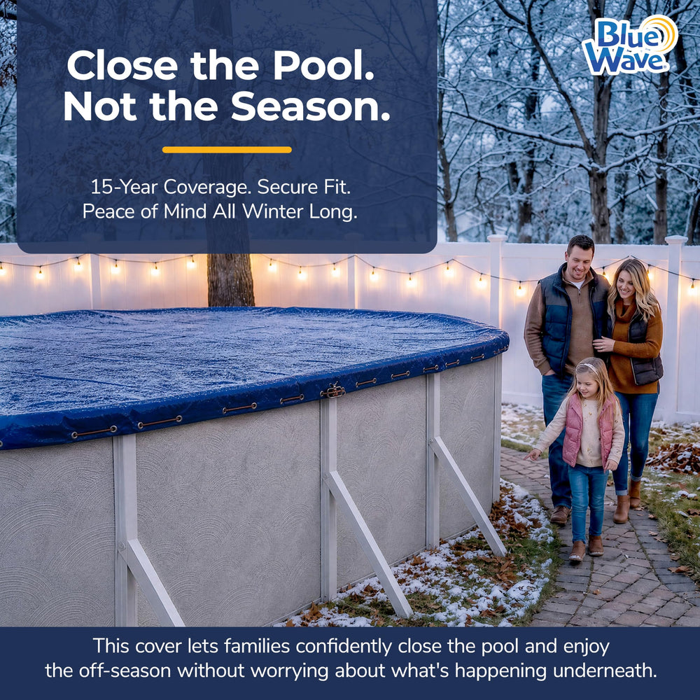 Blue Wave cover installed on 16x28-ft oval pool showing snug, weather-resistant fit