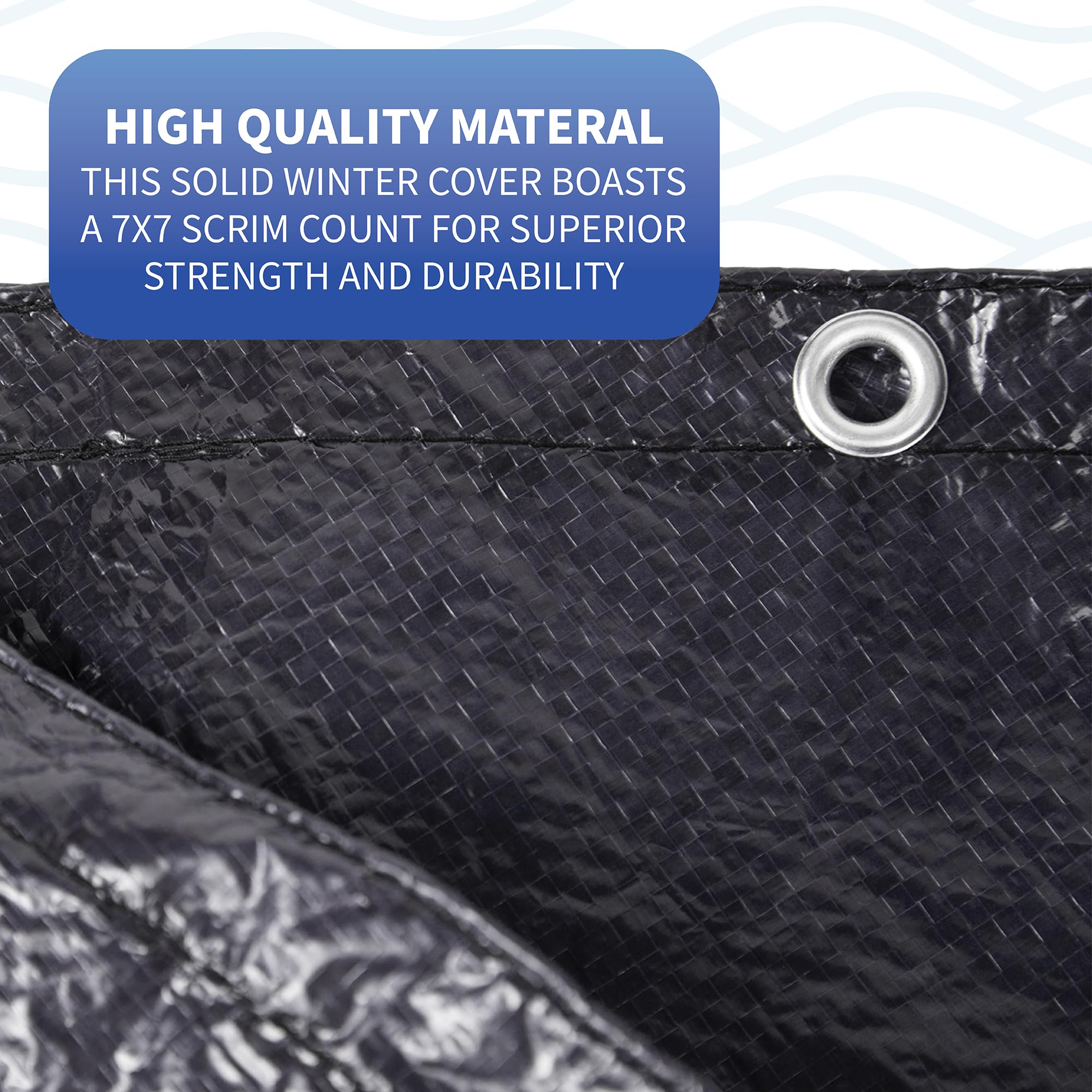 Blue Wave cover installed on oval above-ground pool demonstrating wind-resistant protection