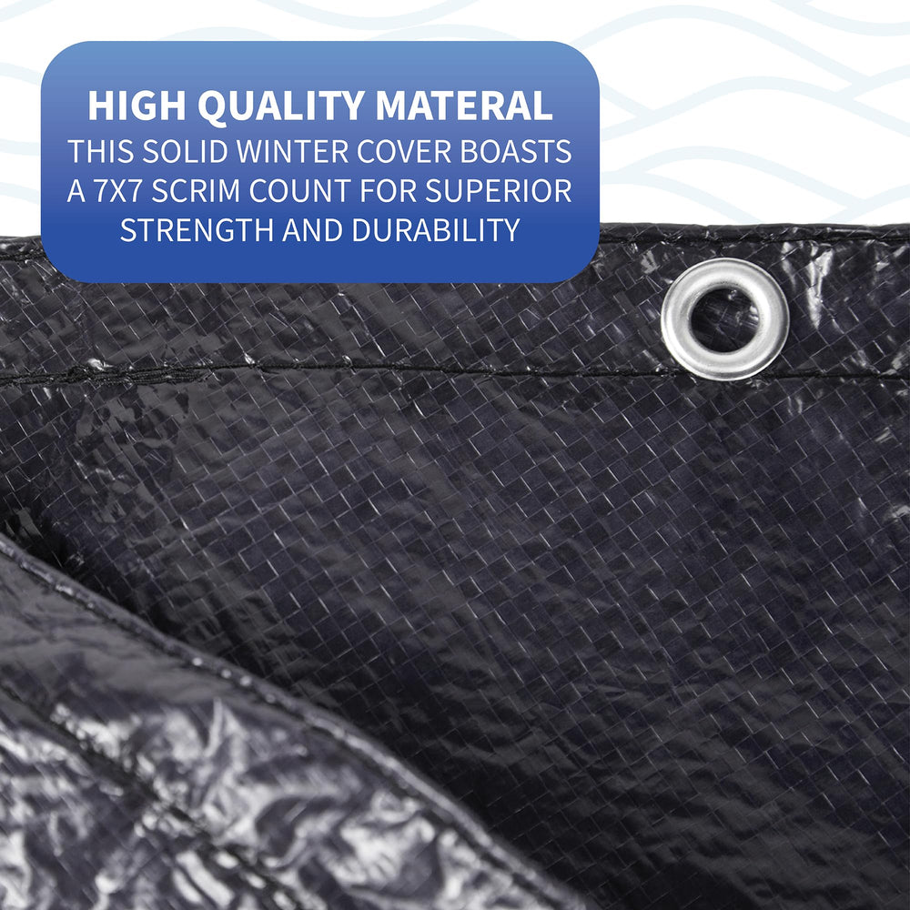 Blue Wave cover installed on oval above-ground pool demonstrating wind-resistant protection