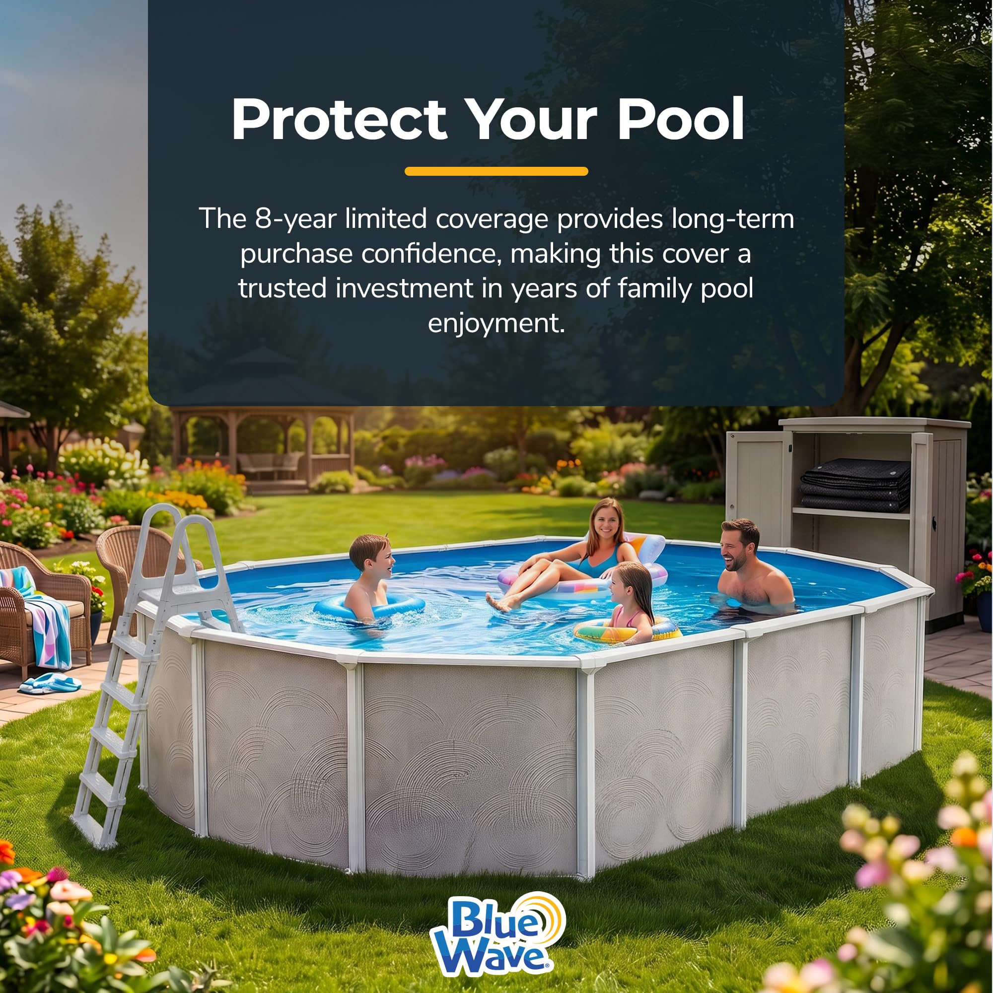 Blue Wave cover in backyard lifestyle scene protecting pool and simplifying maintenance