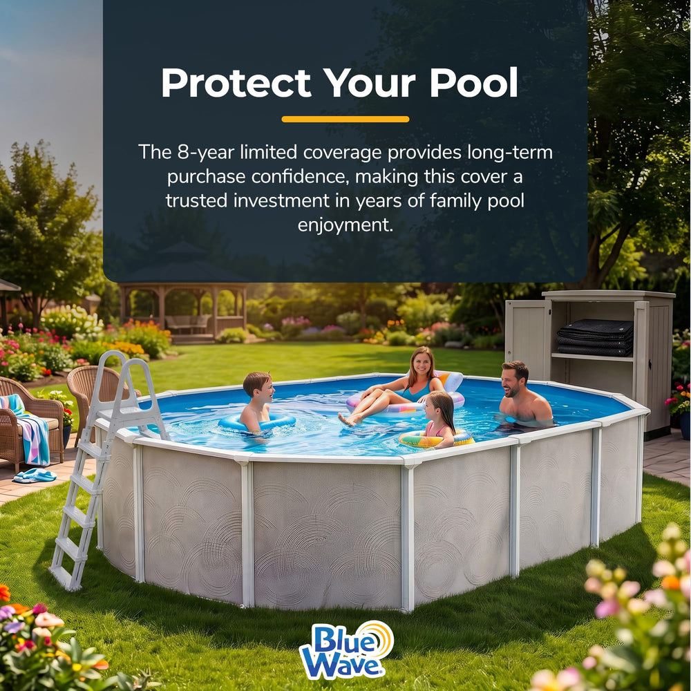Blue Wave cover in backyard lifestyle scene protecting pool and simplifying maintenance