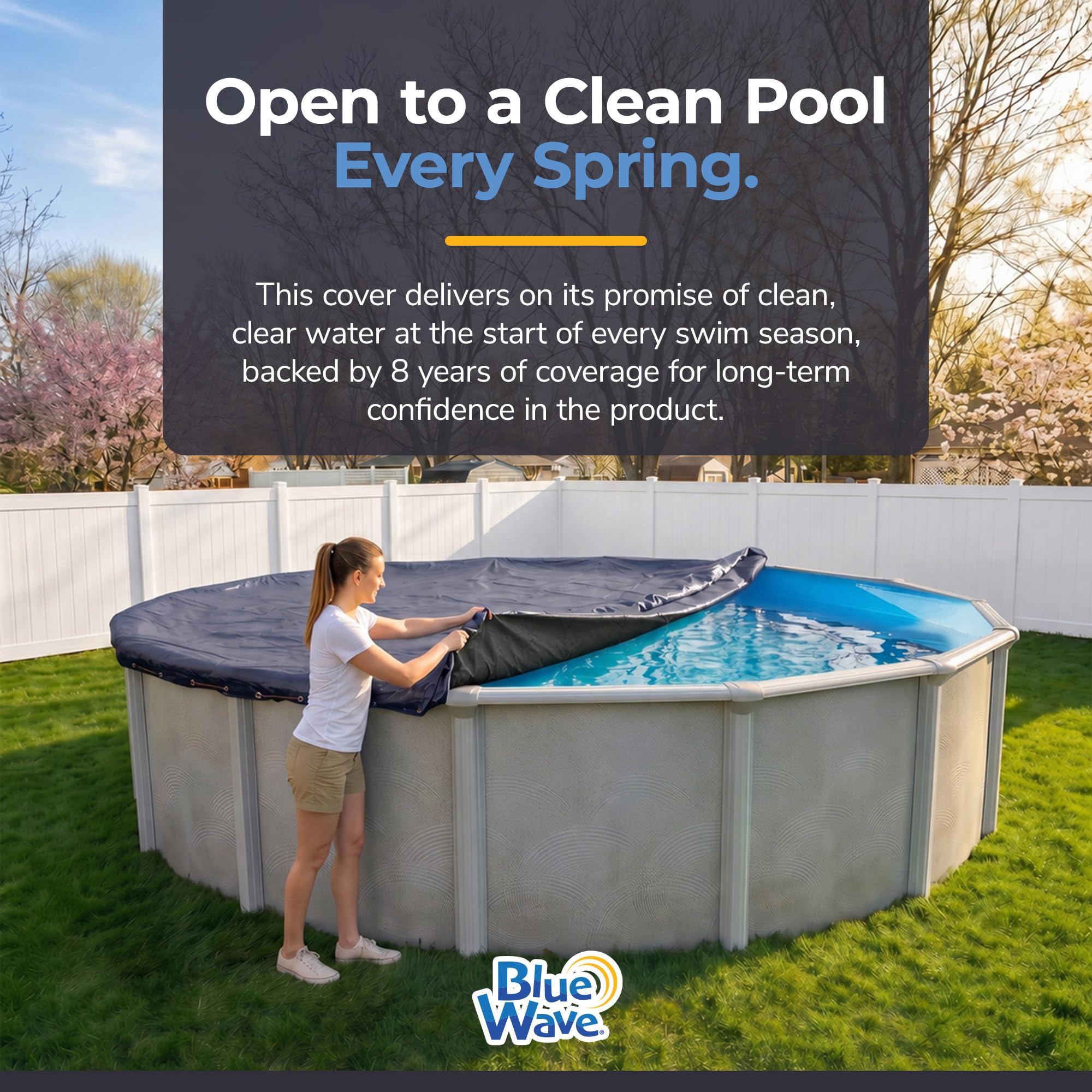 Blue Wave backyard lifestyle shot of covered pool with neat edges
