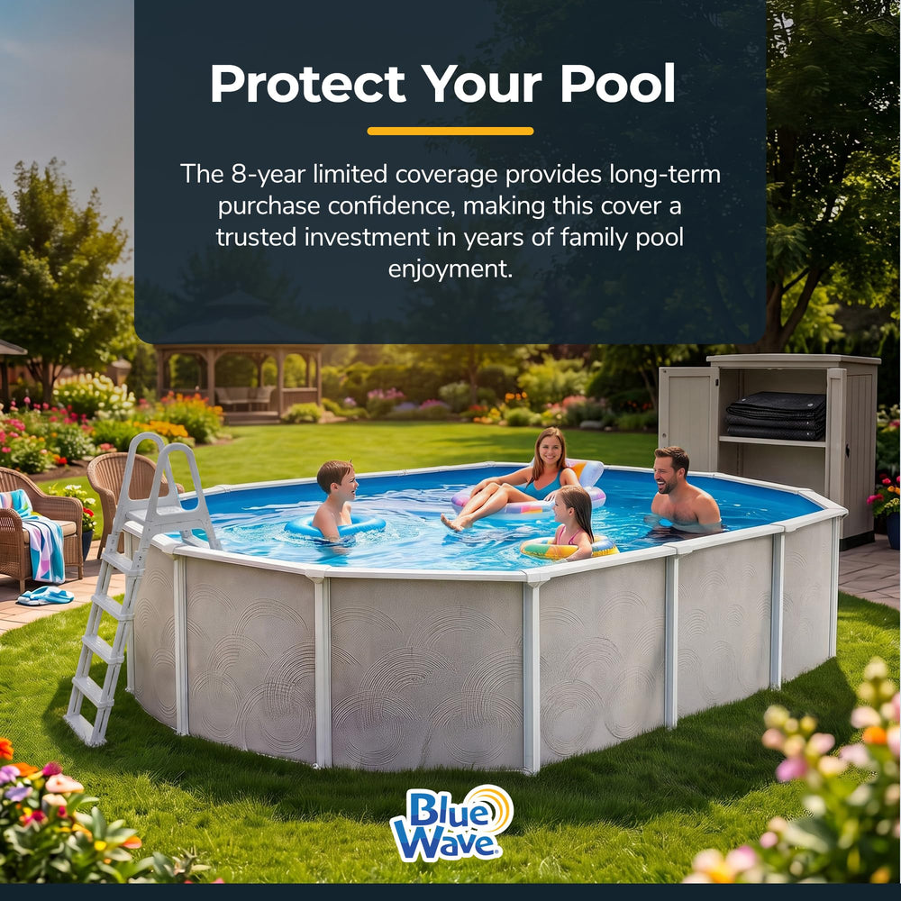 Blue Wave cover in a backyard winter scene protecting pool and simplifying spring cleanup