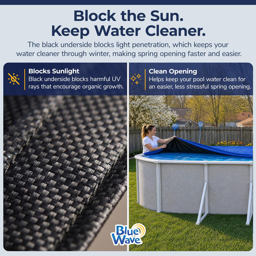 Blue Wave cover installed on oval pool shedding snow and leaves effectively