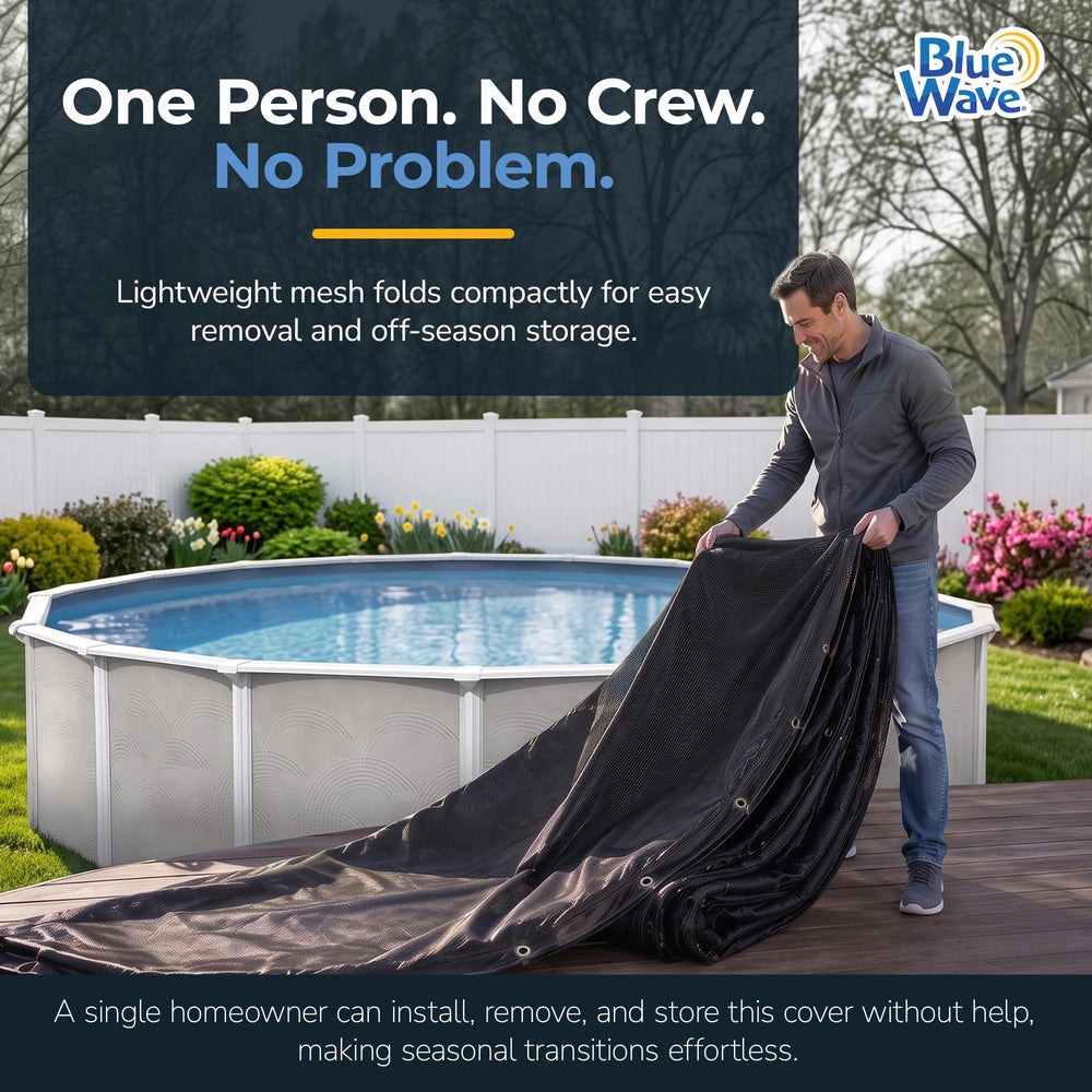Blue Wave cover overlapped down pool wall showing protective fit and reduced wind lift