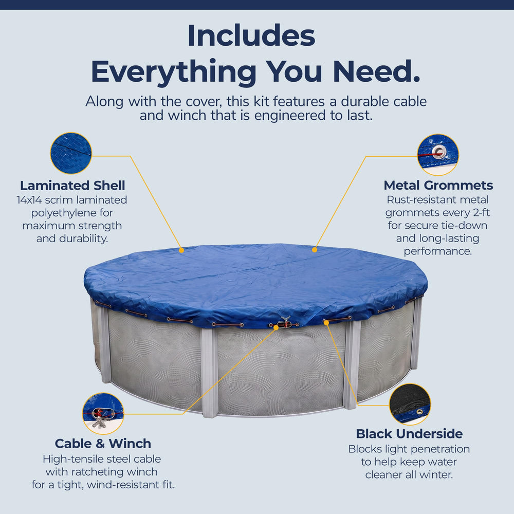 Blue Wave ratcheting winch and cable included, tightens cover against wind