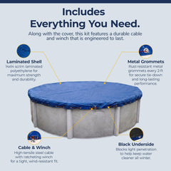 Blue Wave ratcheting winch and cable included, tightens cover against wind