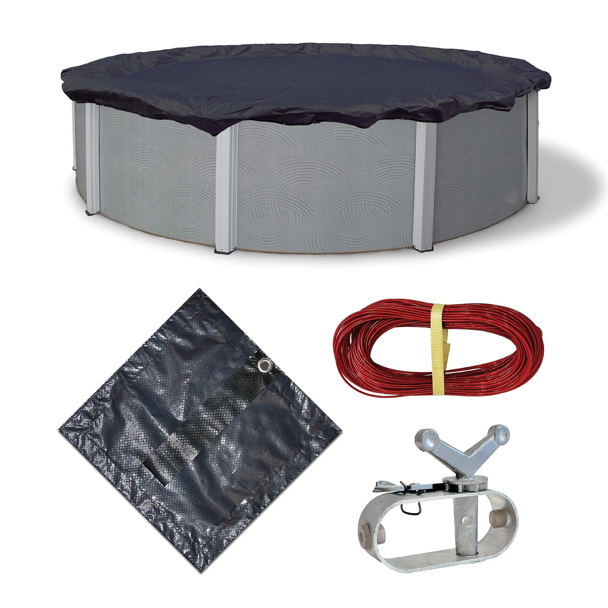 Blue Wave installed on 30-ft round pool demonstrating snug wind-resistant fit